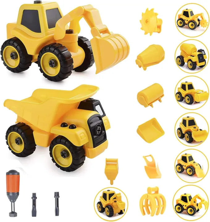 4 PCS DIY Construction Truck Toy Set – Yellow Engineering Car Playset for Kids