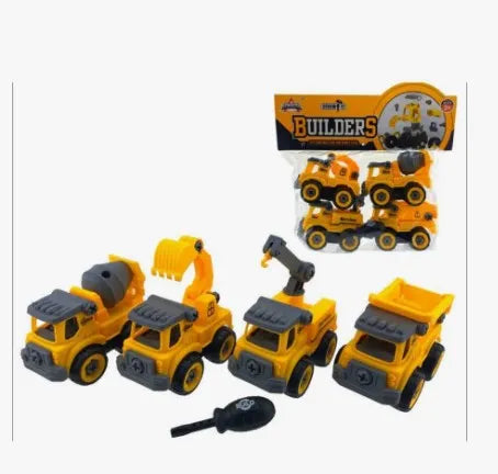 4 PCS DIY Construction Truck Toy Set – Yellow Engineering Car Playset for Kids